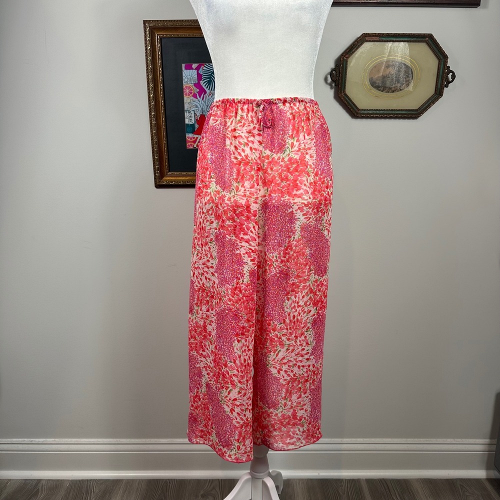 Josie Natori Pink Semi Sheer Floral Capri Pants Boho Fairy Pajamas Swim Coverup